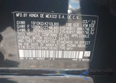 2023 Honda Hr-V 2Wd Lx из США, поврежденный, VIN 3CZRZ1H34PM738290